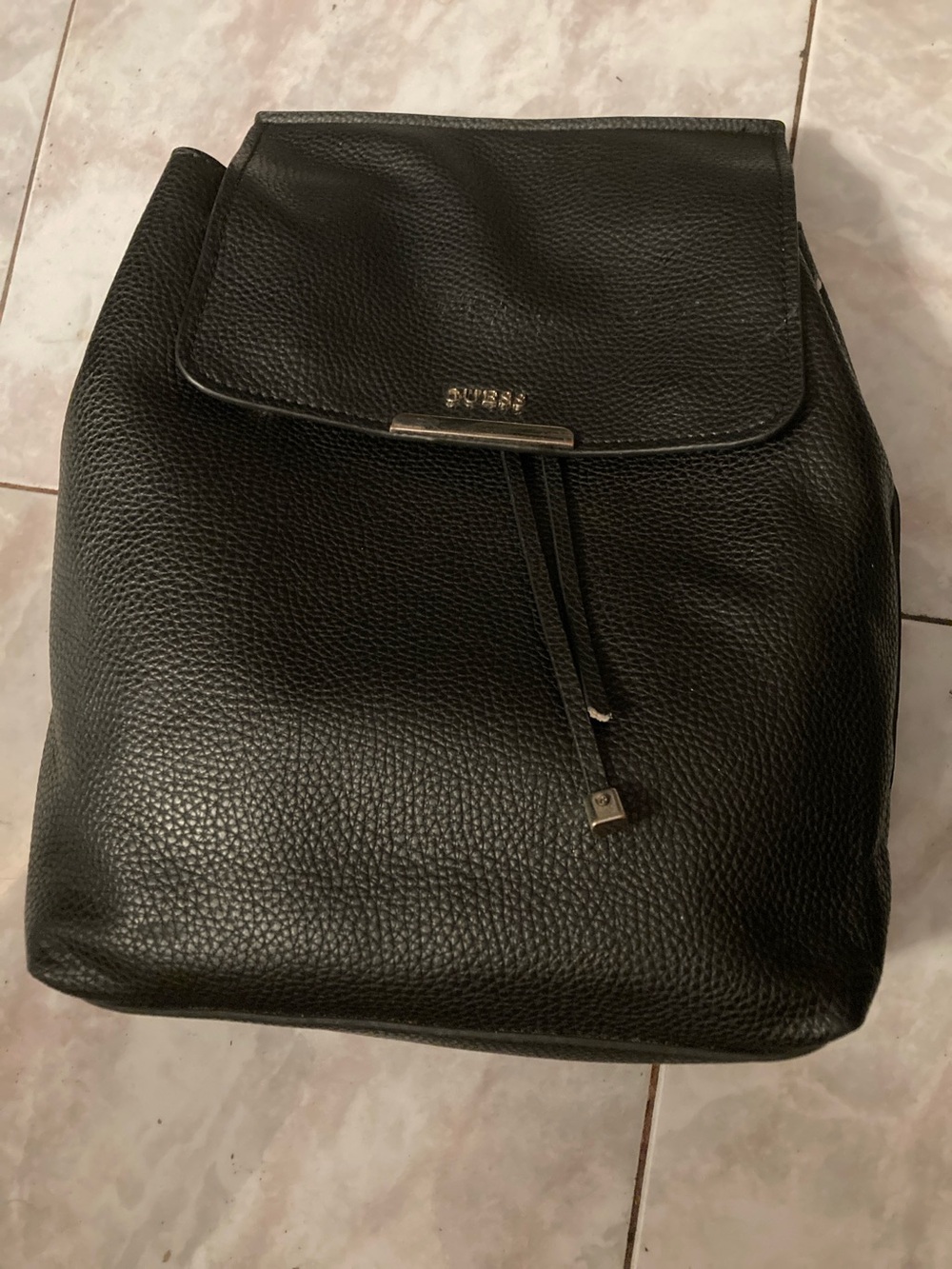 GUESS Black Textured Leather Drawstring Flap Backpack